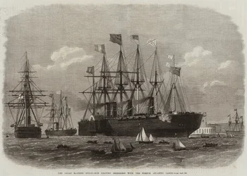 Das Dampfschiff Great Eastern verlässt Sheerness mit dem französischen Atlantikkabel